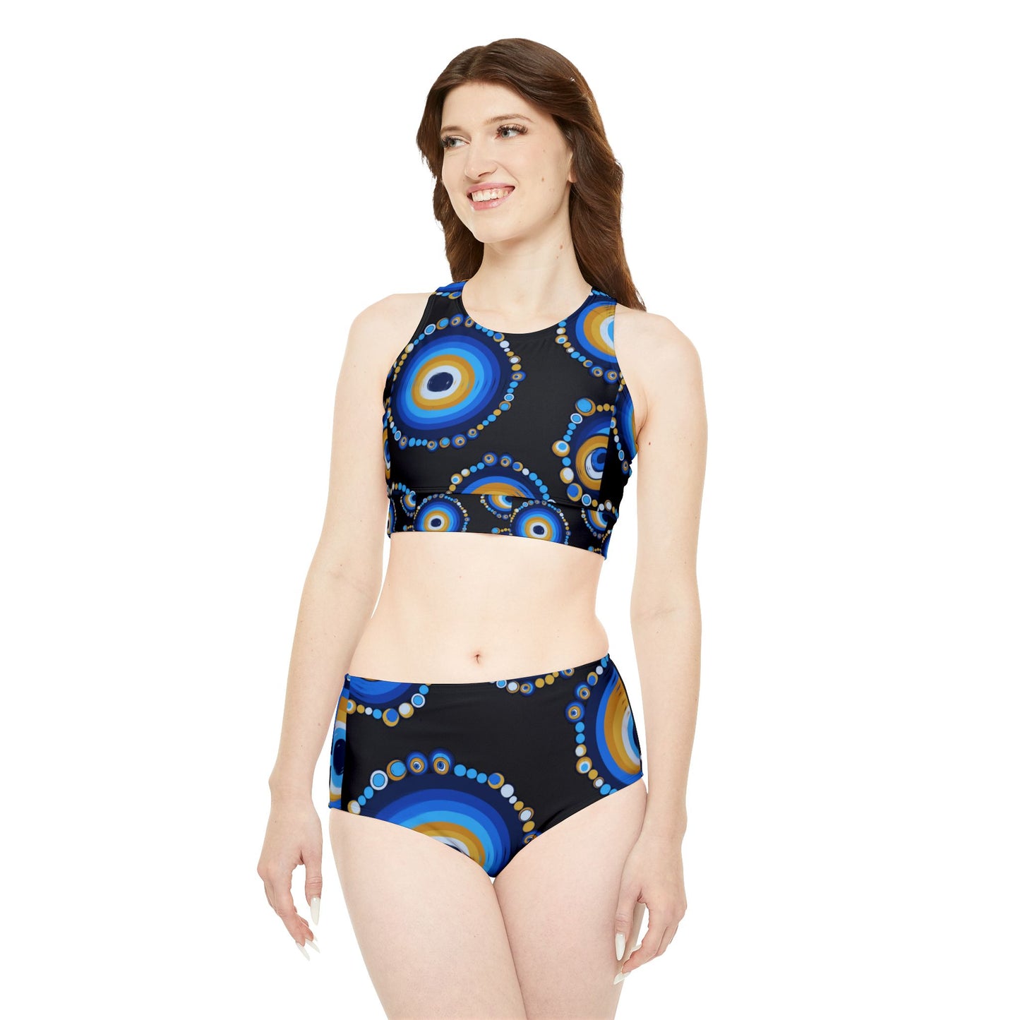 Black and Blue Mal de Ojo Sporty Bikini Swimsuit Set