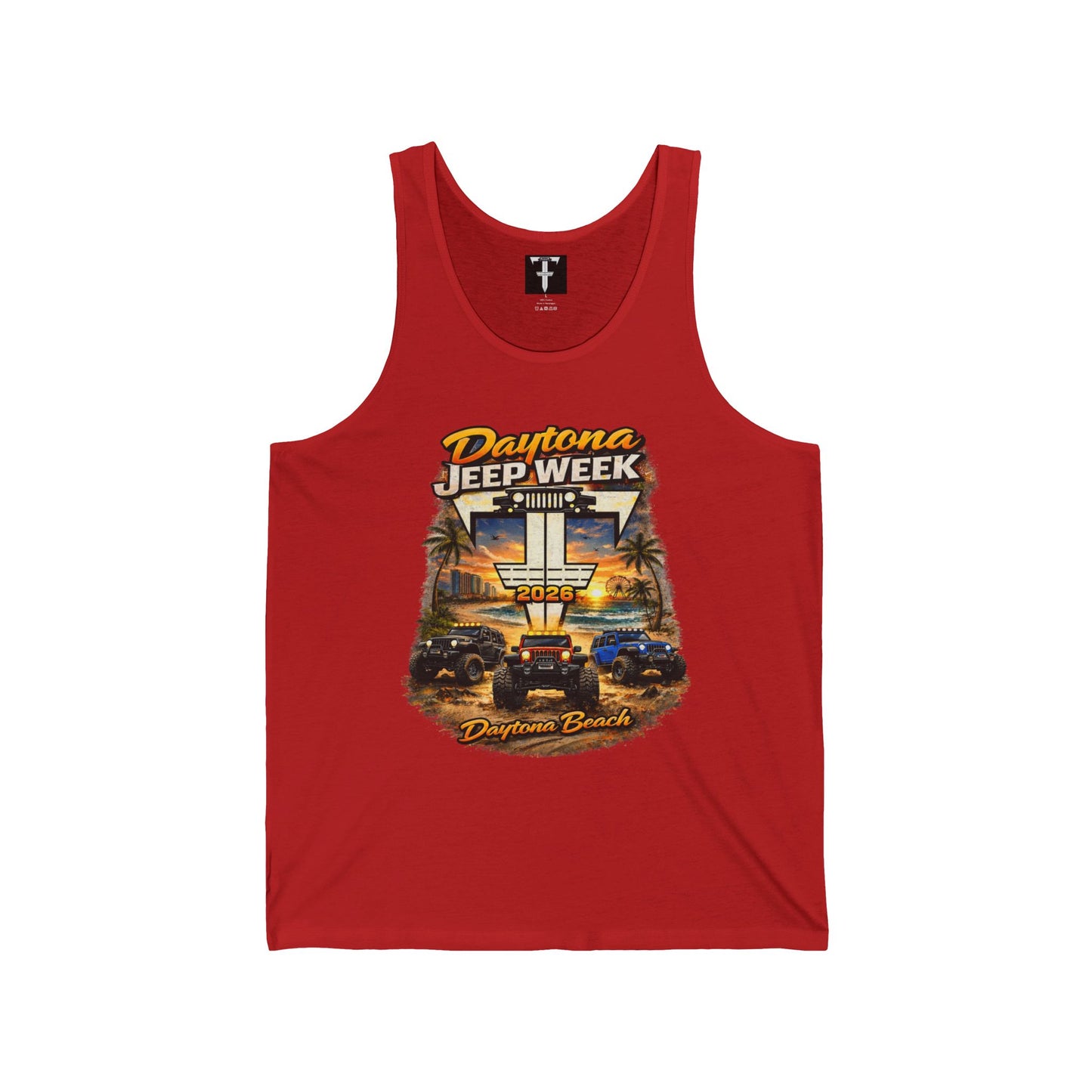 Fab Five Crew Daytona Jeep Week Tank Top – Daytona Beach Off‑Road Sunset Graphic