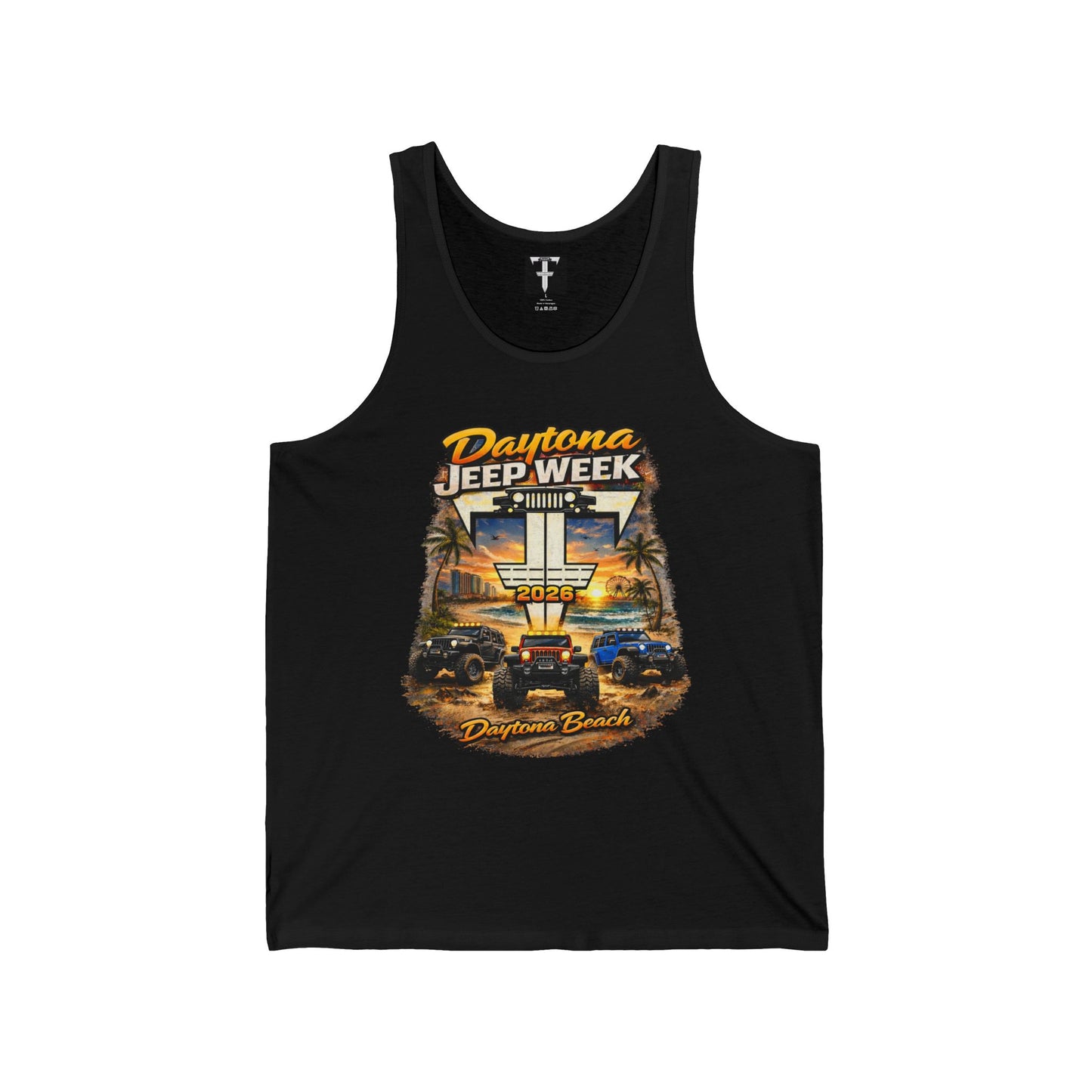 Fab Five Crew Daytona Jeep Week Tank Top – Daytona Beach Off‑Road Sunset Graphic