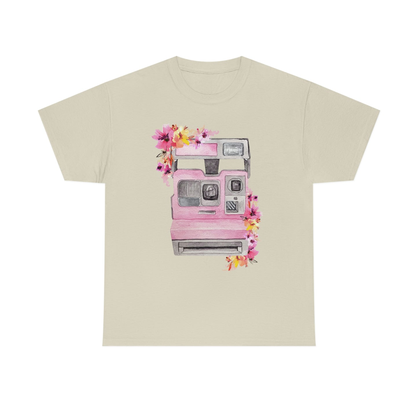 Vintage Polaroid Camera Blossoms  Unisex Heavy Cotton Tee